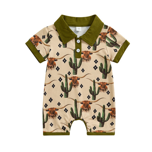 Baby Infant Boys Western Cactus Cow Buttons Short Sleeve Rompers preorder(moq 5)