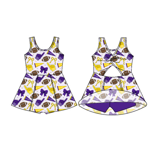 Preorder (moq 5)Baby Girls Sleeveless Yellow Purple Bows Footballs Shorts Team Knee Length Dress