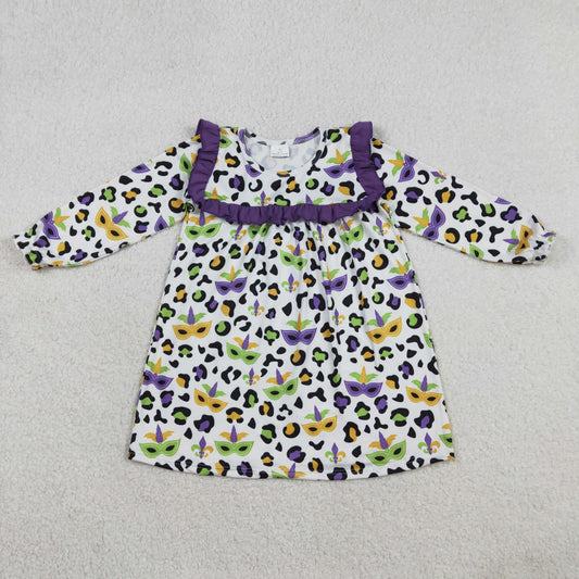 Baby Girls Purple Green Yellow Leopard Masks Mardigras Knee Length Dress