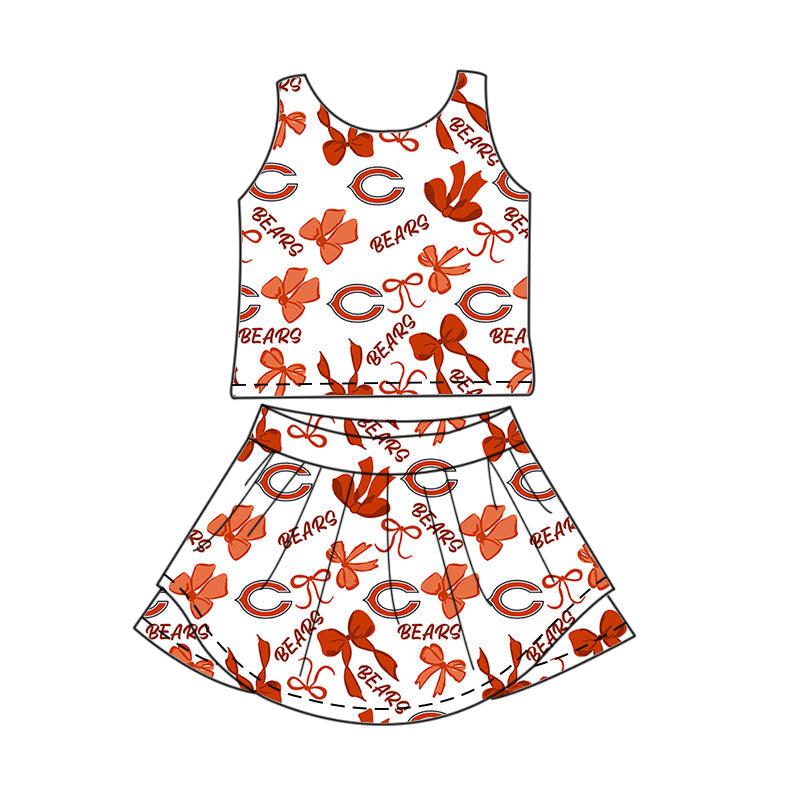 Preorder (moq 5)Baby Girls Sleeveless Bows Chicago Bears Top Skirt Short Team Clothes Set
