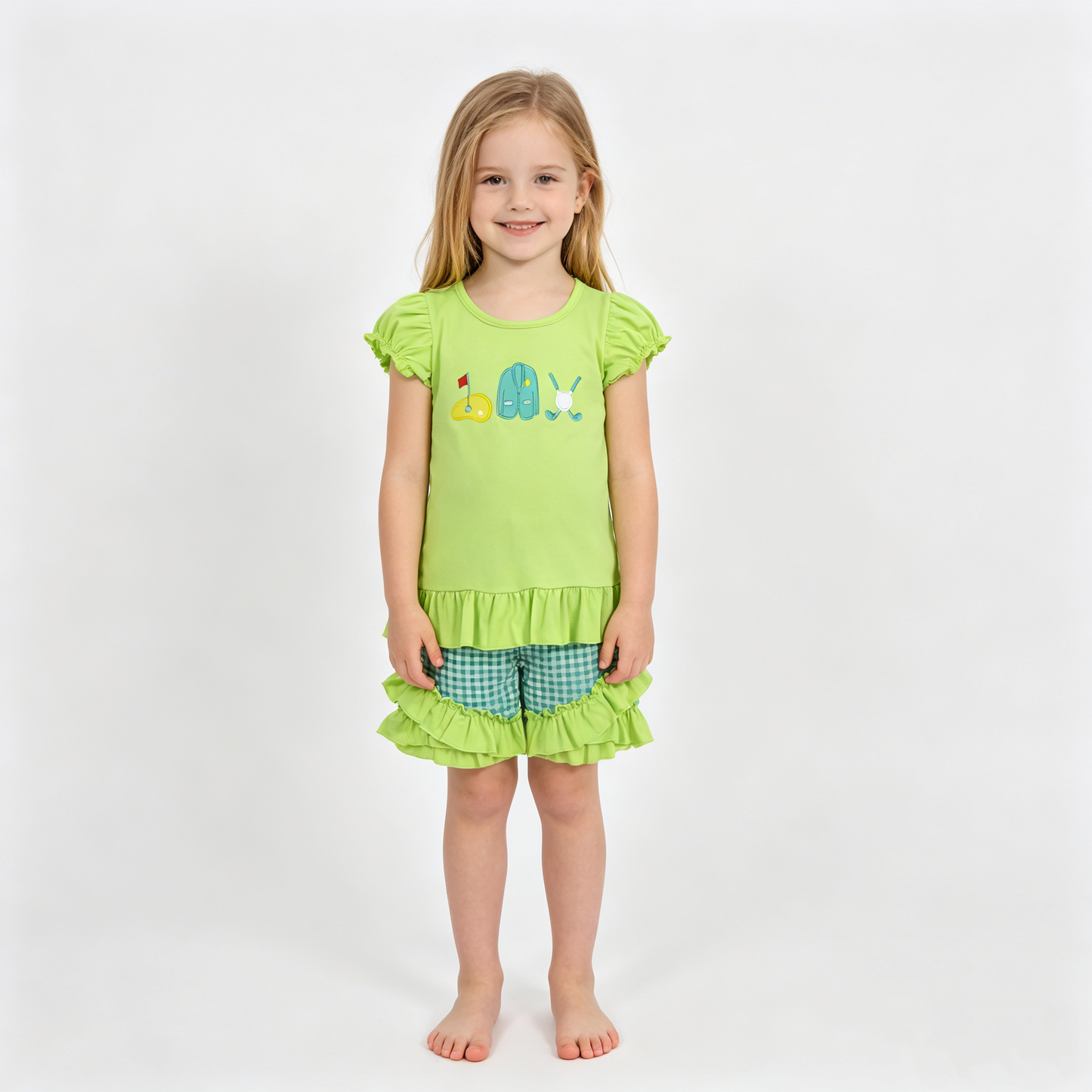 Embroidery Golf Flag Baby Girls Top Green Checked Ruffle Shorts Clothes Sets
