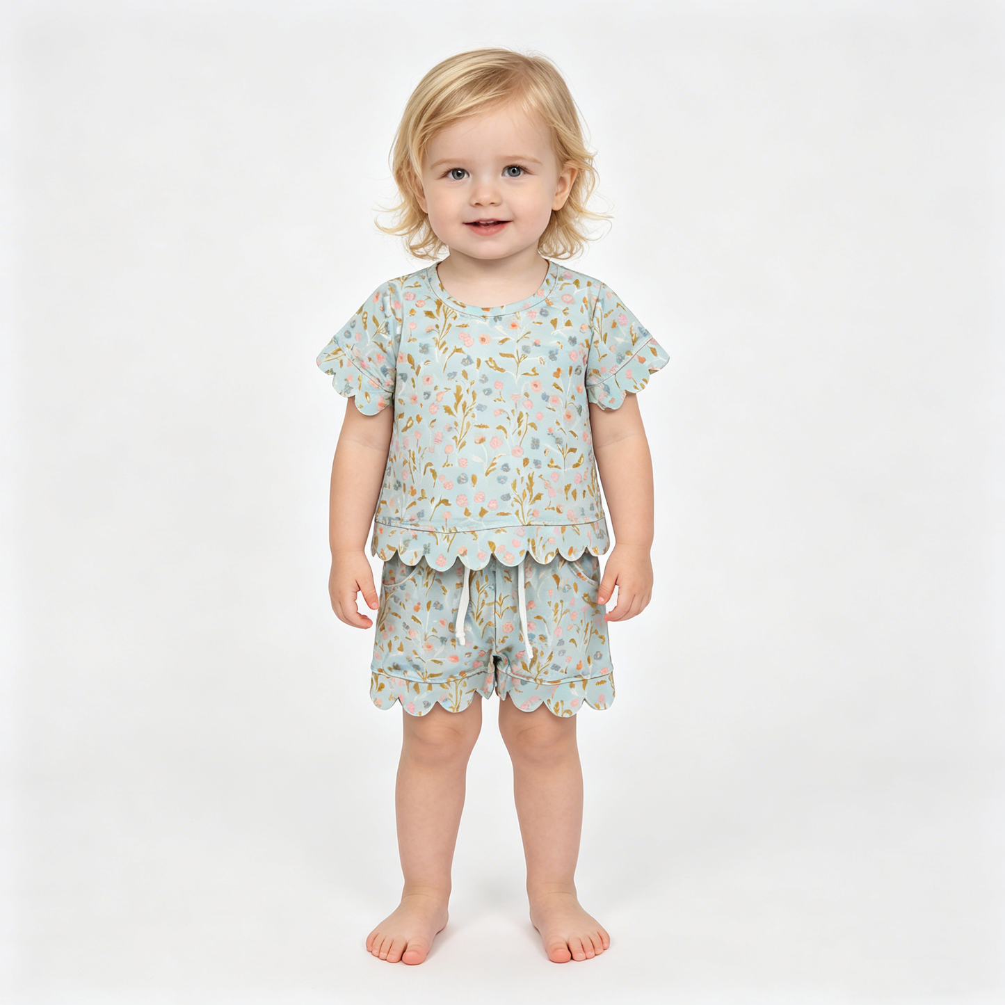 Baby Girls Short Sleeve Colorful Flowers Top Pockets Shorts Scallop Clothes Sets