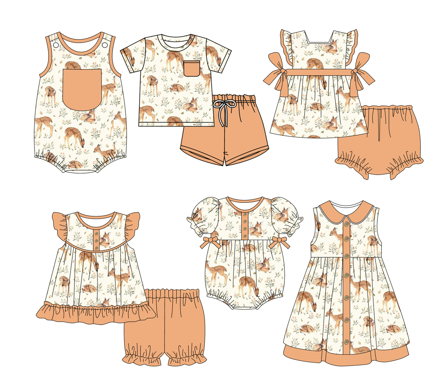 Preorder moq 5 Custom Baby Kids Peach Pocket Button Deer Floral Top Short Bummies Sets Dresses And Rompers