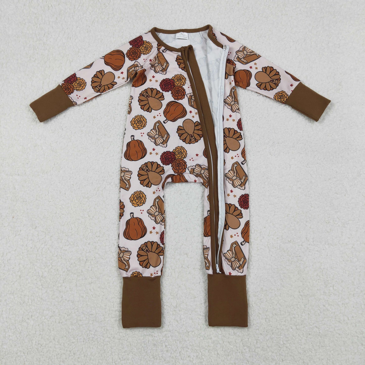 Baby Boys Pie Turkey Pumpkins Thanksgiving Zipper Footie Rompers