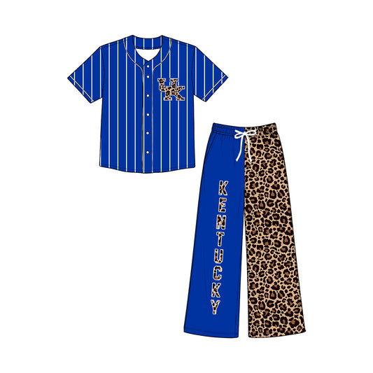 Preorder (moq 5)Baby Girls Blue Stripe Button Leopard UK Top Flare Pants Team Clothes Sets