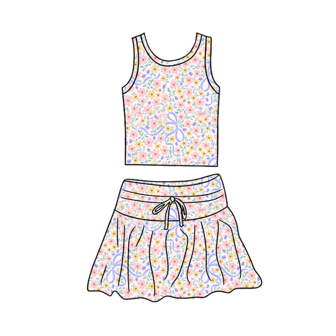 Preorder (moq 5)Baby Girls Colorful Flowers Bows Vest Top Skirt Short Clothes Sets