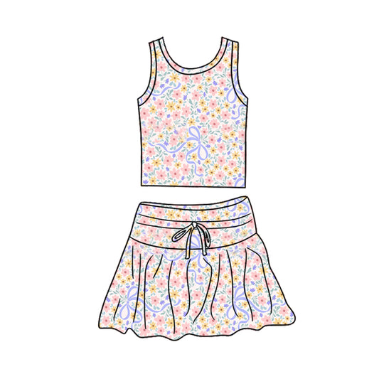 Preorder (moq 5)Baby Girls Colorful Flowers Bows Vest Top Skirt Short Clothes Sets