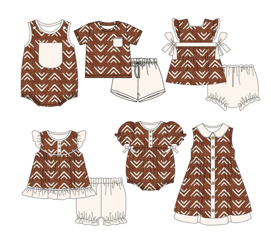 Preorder moq 5 Custom Baby Kids Brown Pocket Button Aztec Print Top Short Bummies Sets Dresses And Rompers