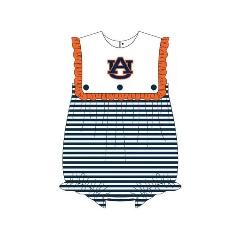 Preorder (moq 5)Baby Girls Sleeveless Navy Stripe AU Team Ruffle Rompers