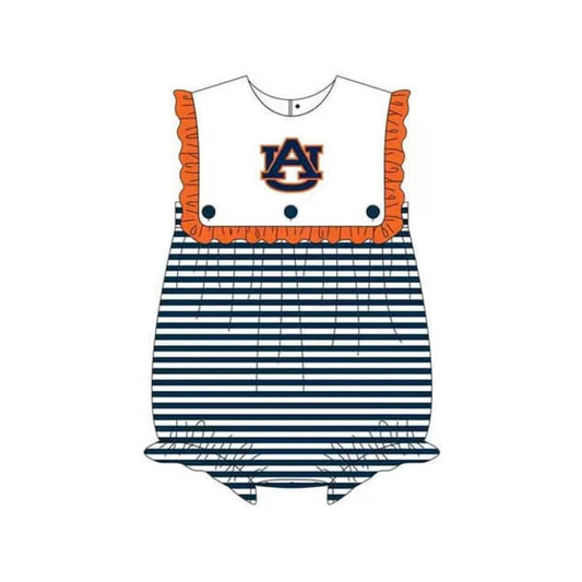 Preorder (moq 5)Baby Girls Sleeveless Navy Stripe AU Team Ruffle Rompers