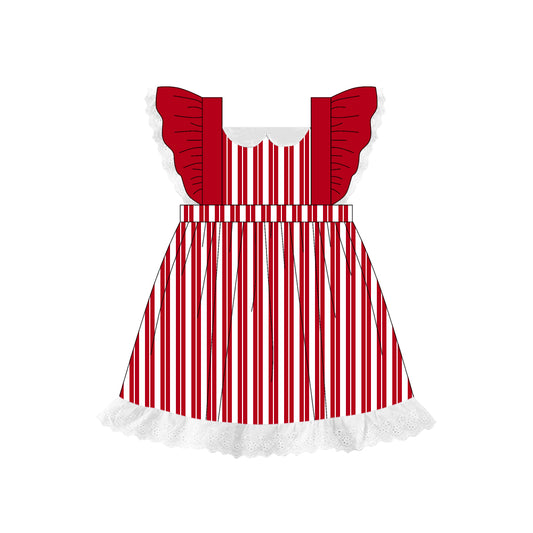 Preorder (moq 5)Baby Girls Red Flutter Sleeves Stripes Lace Knee Length Dresses