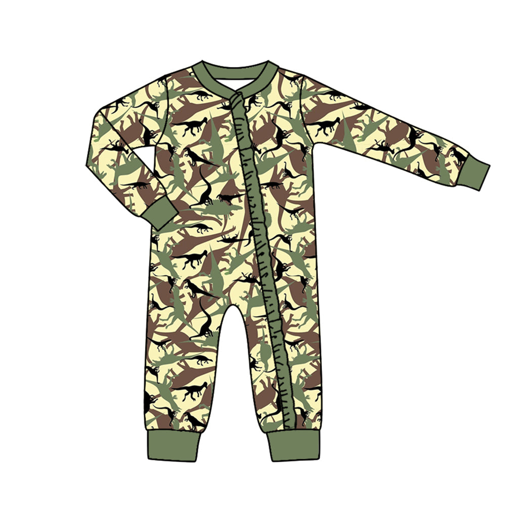 Baby Girls Fall Dinosaur Camo Long Sleeve Zip Rompers preorder(moq 5)