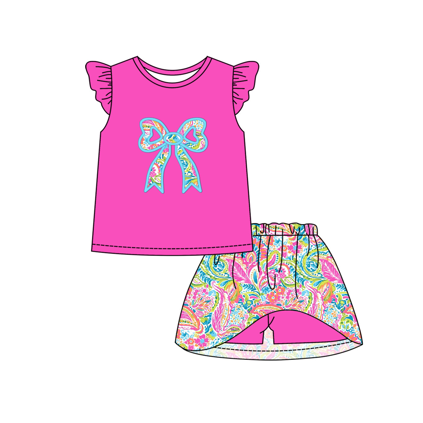 Preorder (moq 5)Baby Girls Pink Bow Print Shirt Shorts Skirts Outfits Clothes Sets
