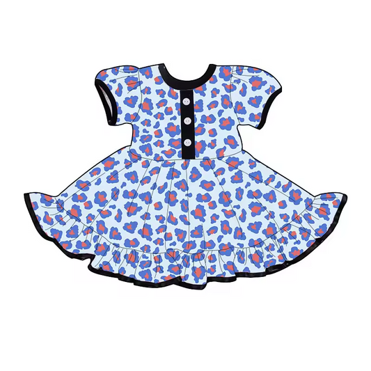 Baby Girls Blue Red Leopard Knee Length Dresses Preorder(moq 5)