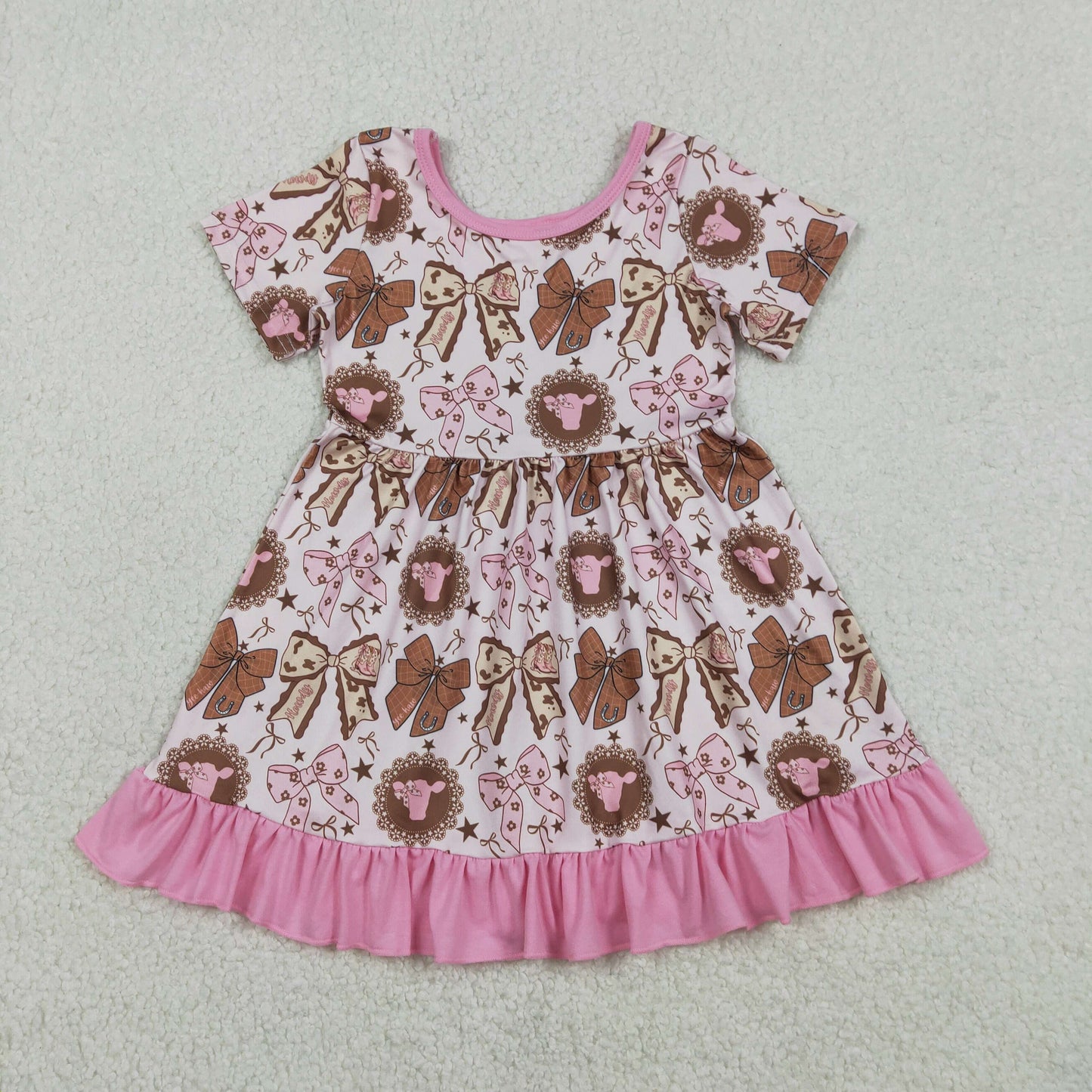 Baby Girls Flowers Highland Cows Western Ruffle Knee Length Dresses