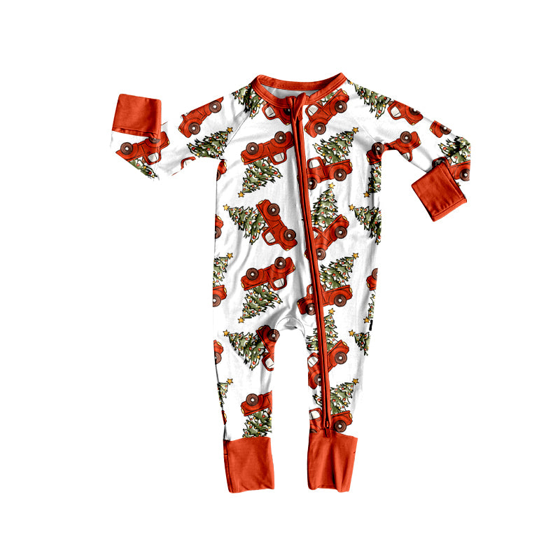 Preorder(moq 5)Baby Infant Christmas Trees Trucks Red Zipper Footie Rompers