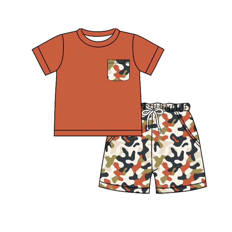 Preorder (moq 5)Baby Boys Pocket Tee Top Dark Red Camo Shorts Clothes Sets