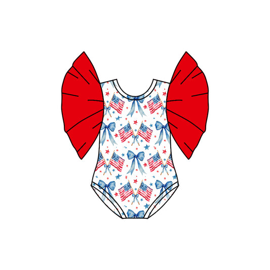 Preorder(moq 5)Baby Infant Girls 4th Of July Western Flag Bows Flutter Sleeve Rompers