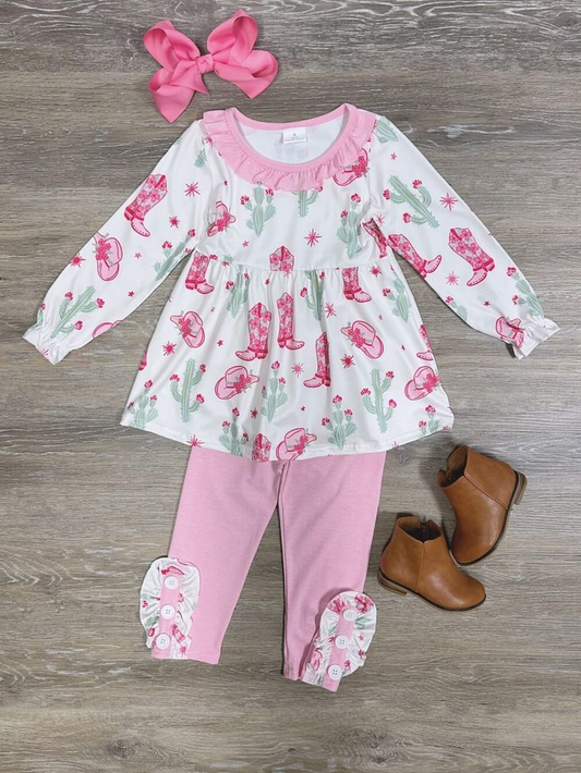 Baby Girls Pink Boots Cactus Tunic Legging Pants Western Set