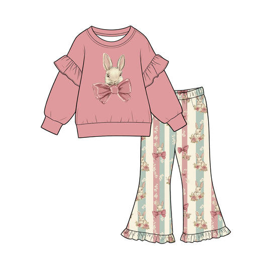 Preorder (moq 5) Baby Girl Clothes Bunny Bow Striped Floral Print Long Sleeve Ruffle Sweatshirt Flare Pant Set