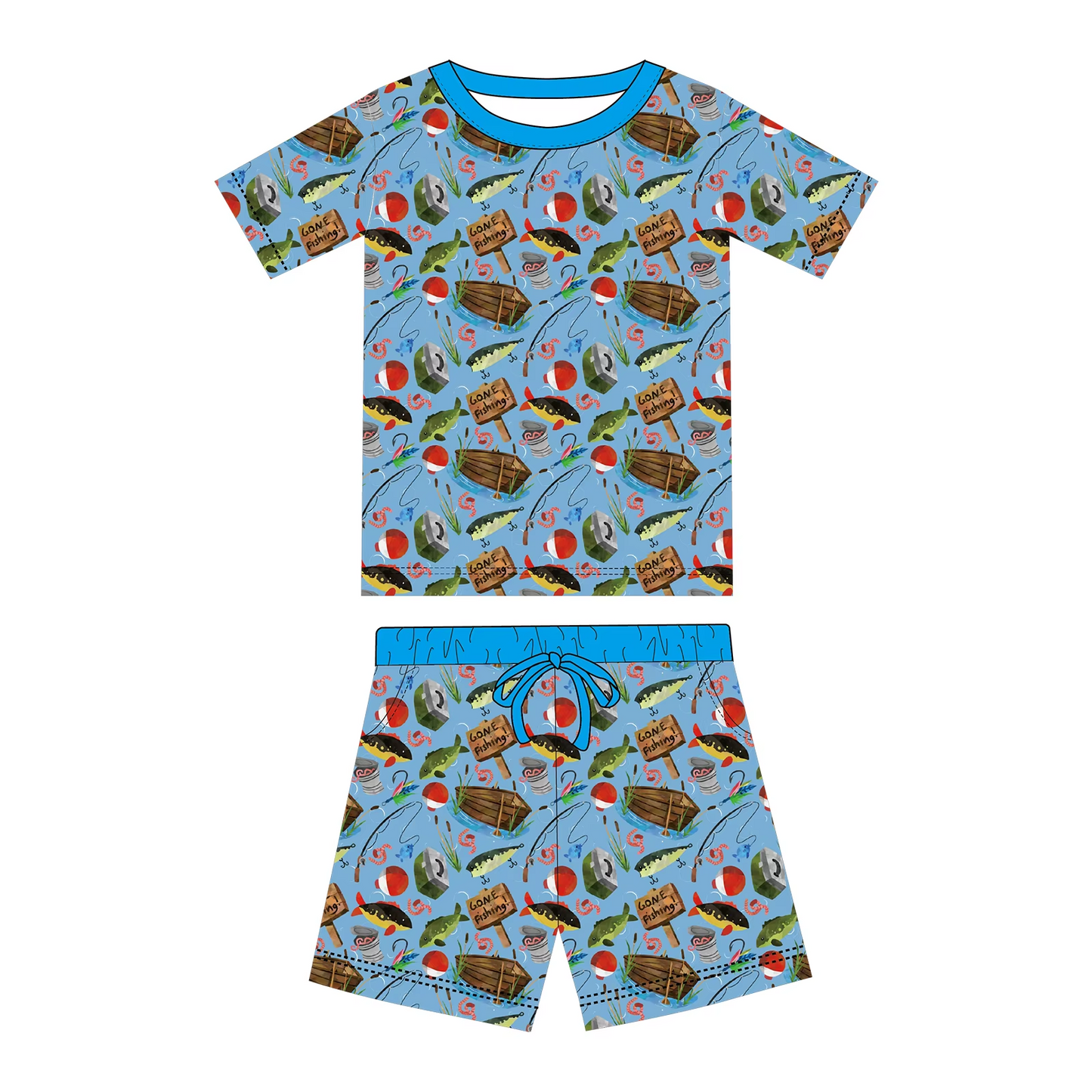 Preorder moq 5 Adult Women Blue Fishing Top Pockets Short Pajamas Set