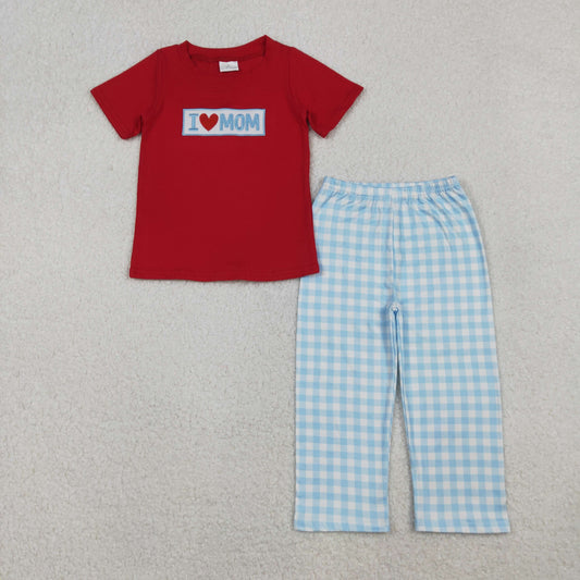 Embroidery I Love Mom Baby Boys Shirts Checked Pants Clothes Sets
