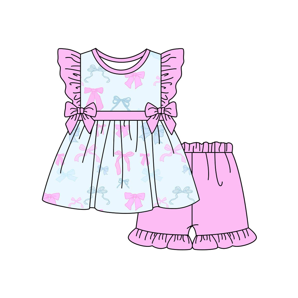 Preorder (moq 5)Baby Girls Pink Color Bows Tunic Top Ruffle Shorts Clothes Sets