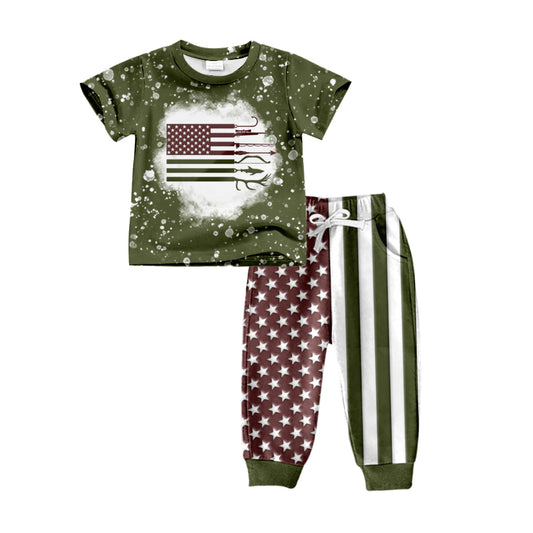 Baby Boys Flags Fishing Short Sleeve Shirt Pants Clothing Sets Preorder(moq 5)