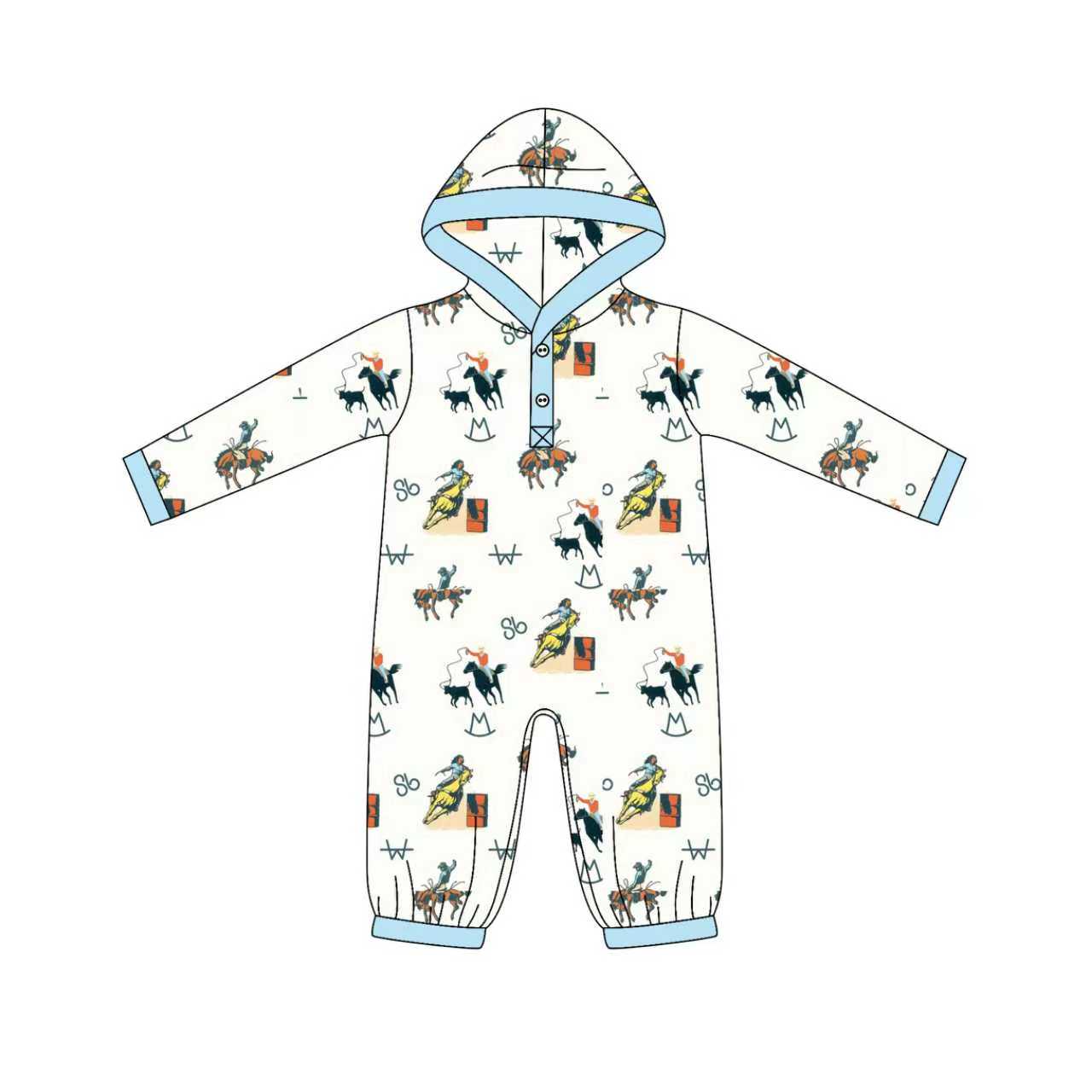 Preorder(moq 5)Baby Boys Blue Horse Rodeos Button Western Hoodie Footie Rompers