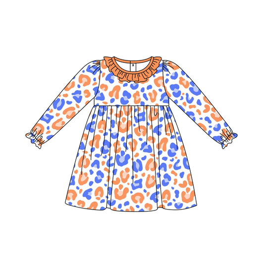 Baby Girls Orange Blue Leopard Knee Length Dresses Preorder(moq 5)