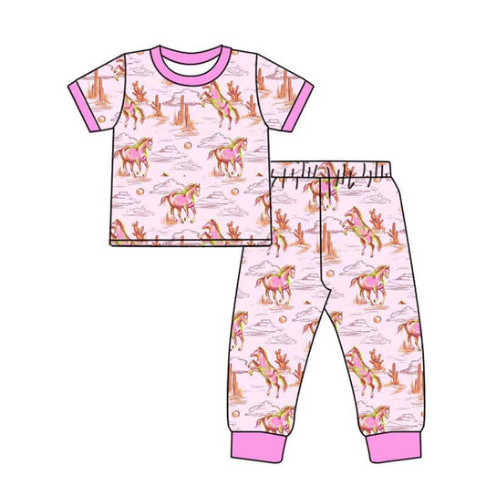 Baby Kids Pink Top Western Horse Rodeo Pants Pajama Girls Clothing Sets preorder(MOQ 5)