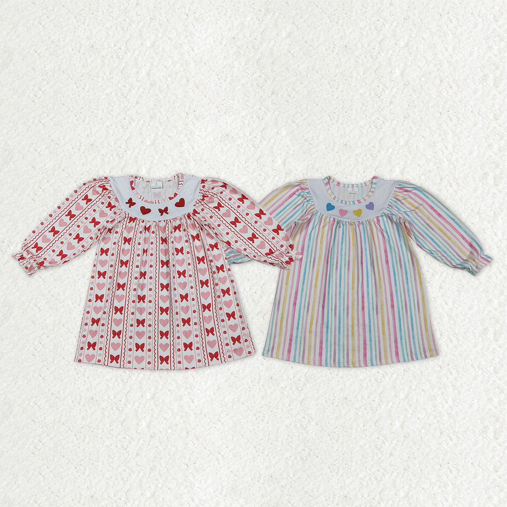 Sibling Baby Girls Embroidery Hearts Bows Stripe Valentines Ruffle Sleeve Knee Length Dresses