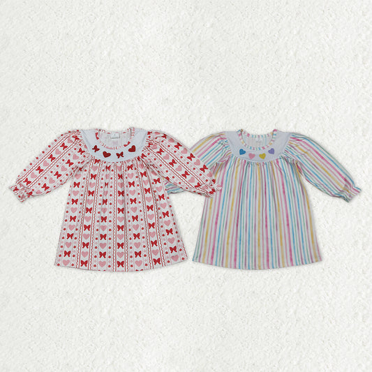 Sibling Baby Girls Embroidery Hearts Bows Stripe Valentines Ruffle Sleeve Knee Length Dresses