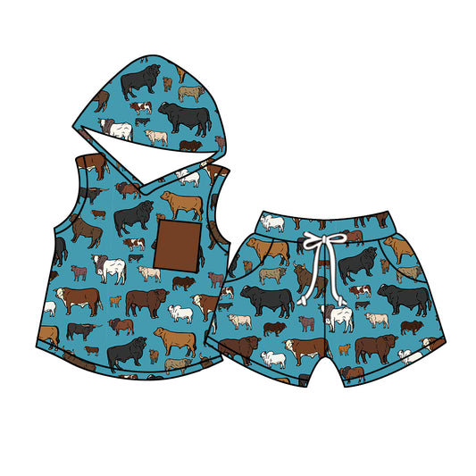 Baby Boys Western Farm Cows Hooded Top Shorts Kids Clothing Sets preorder(MOQ 5)