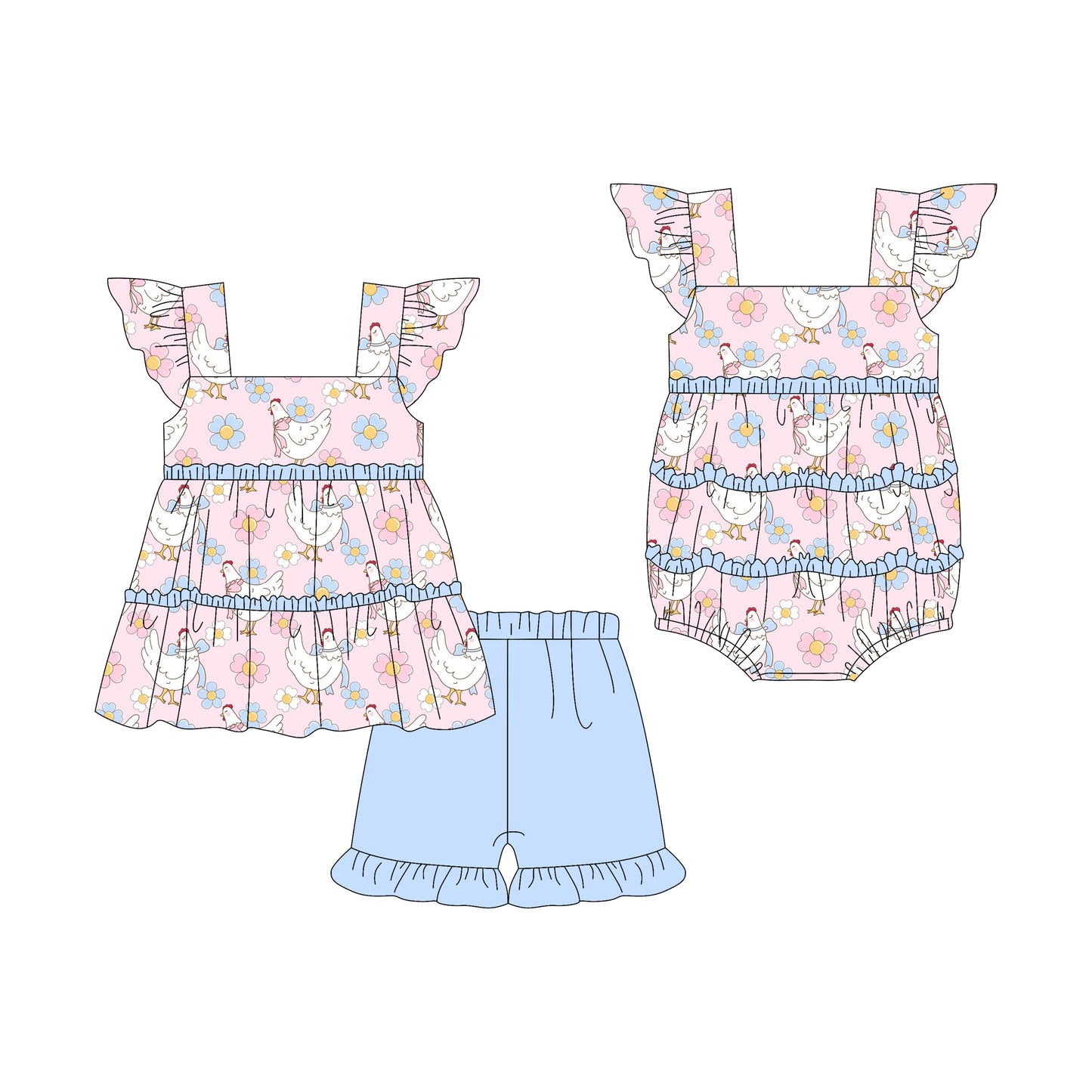 Preorder moq 5 Custom Baby Girls Pink Flutter Sleeves Chicks Flowers Tunic Blue Ruffle Short Set Rompers