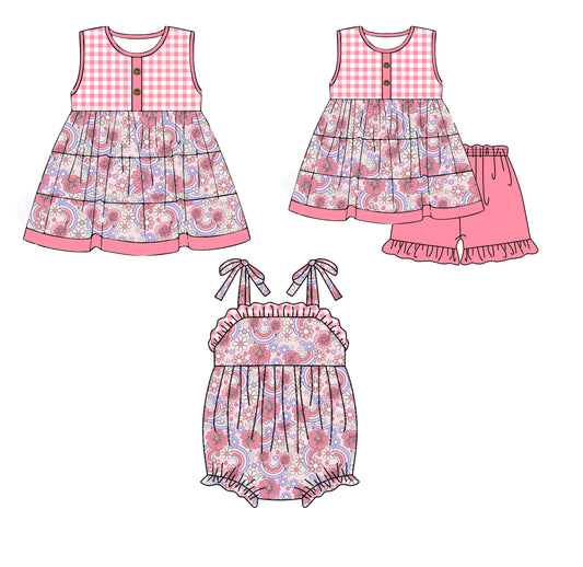 Preorder(moq 5 each)Sibling Baby Girls Pink Rainbow Flowers Checkered Summer Romper Dress Shorts Sets