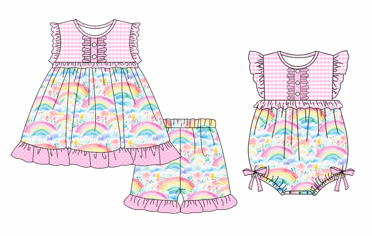 Preorder moq 5 Custom Baby Girls Sleeveless Rainbows Button Top Ruffle Short Set Rompers