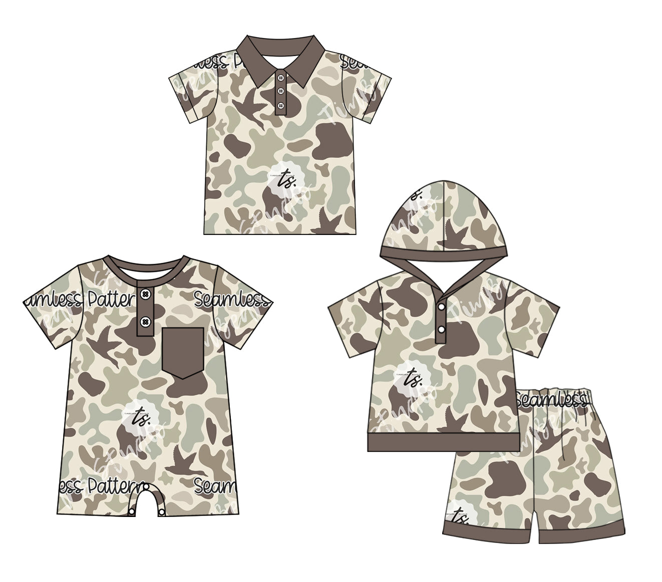 Preorder moq 5 Custom Baby Boys Gray Short Sleeves Button Ducks Camo Hoodie Short Set Polo Shirt And Rompers