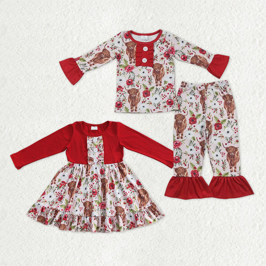 Sibling Baby Girls Flowers Highland Cows Ruffle Pant Western Pajamas Set Knee Length Dress