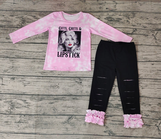 Baby Girls Pink Singer Top Black Distressed Pants Clothing Sets