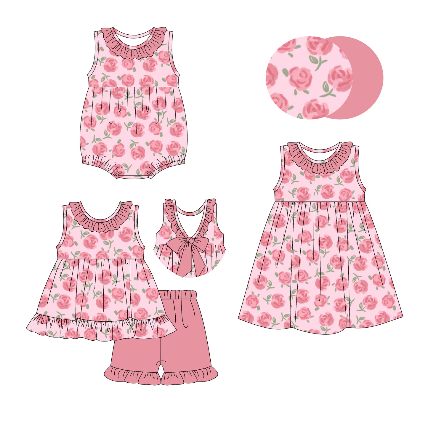 Preorder moq 5 Custom Baby Girls Pink Sleeveless Floral Tunic Ruffle Short Set Knee Length Dress And Rompers