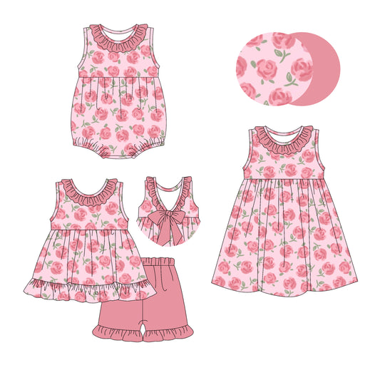 Preorder moq 5 Custom Baby Girls Pink Sleeveless Floral Tunic Ruffle Short Set Knee Length Dress And Rompers
