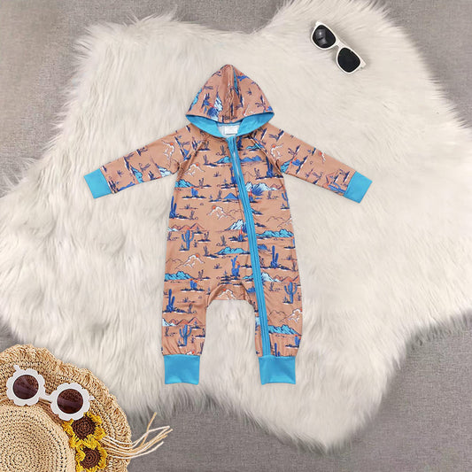 Sibling Baby Infant Kids Hooded Western Cactus Zipper Long Sleeve Rompers