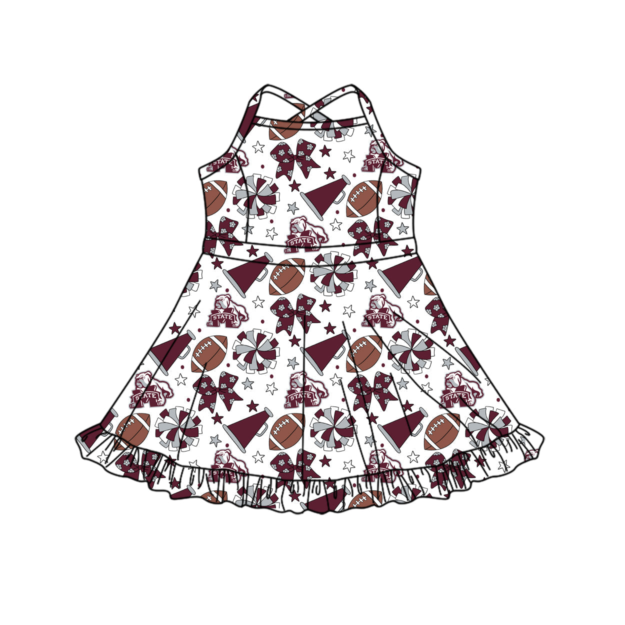 Preorder (moq 5)Baby Girls Strap Bows Stars Footballs Team Shorts Ruffle Knee Length Dress