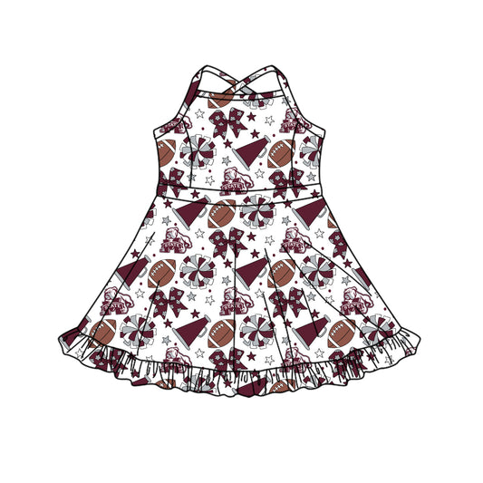 Preorder (moq 5)Baby Girls Strap Bows Stars Footballs Team Shorts Ruffle Knee Length Dress