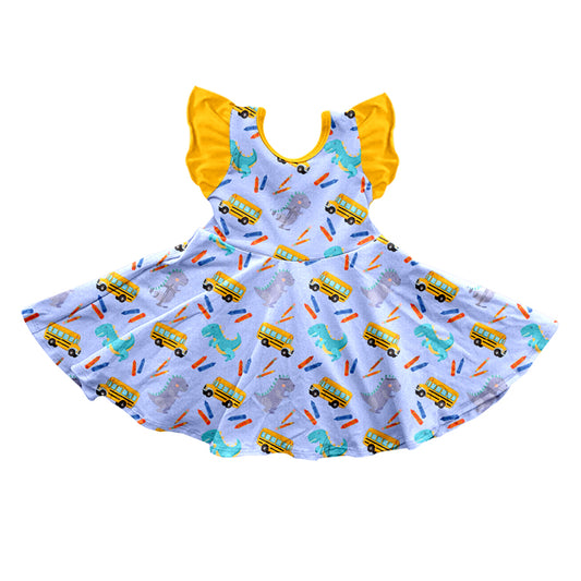 Baby Girls Dinosaur Back To School Flutter Sleeve Knee Length Dresses preorder(moq 5)