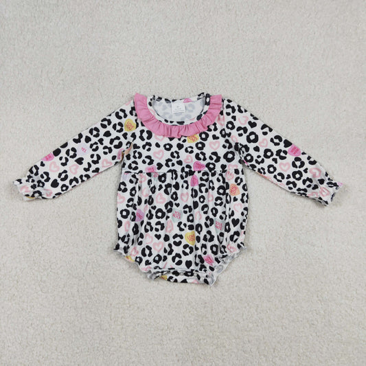 Baby Girls Leopard Hearts Valentines Ruffle Collar Rompers