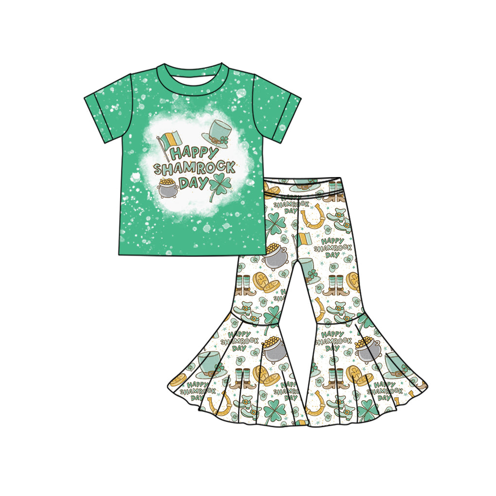 Baby Girls Happy Shamrock Day Green Shirt Top Bell Pants Sets preorder(MOQ 5)