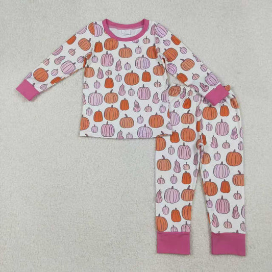 Sibling Baby Girls Pink Pumpkins Fall Pajamas Sets Ruffle Zipper Footie Rompers