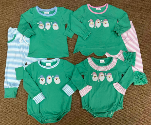 Sibling Embroidery Santa Baby Kids Long Sleeves Christmas Clothes Sets Rompers